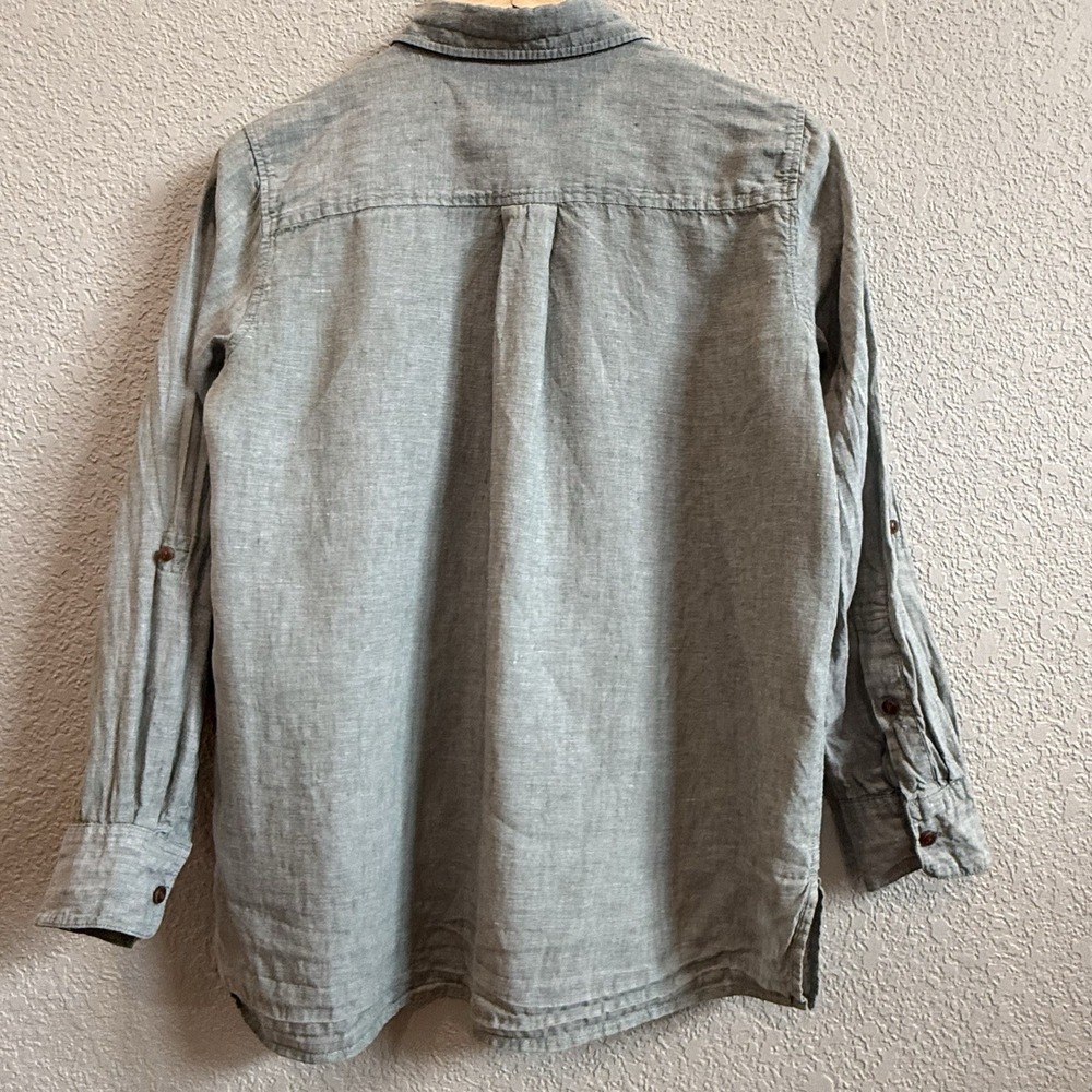 Lands End 100% Linen Utility Button Up Shirt S(6-8) Dark Sage Roll Tab Sleeve - Picture 2 of 6